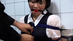 Two asian foot fetish school girl tease a cock