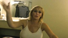 Blonde hooker exposes her big natural boobs and gives a deep blowjob