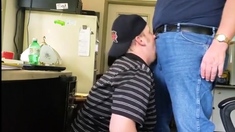 Daddy trucker dumps a quick load in Chubby Boy's mouth...